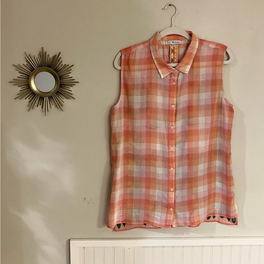 EUC Johnny Was Workshop Sleeveless Orange Pink Button Down Top with Silk Back